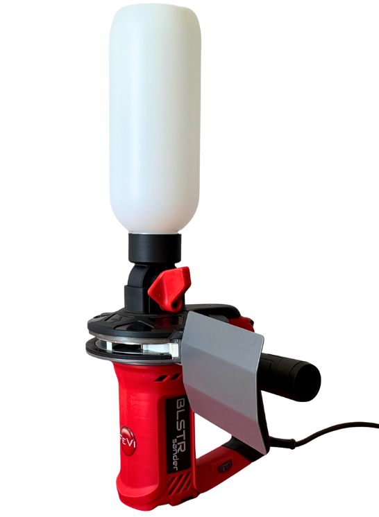 BLSTR Sander in action on rusty iron railing – portable electric sandblaster, no compressor