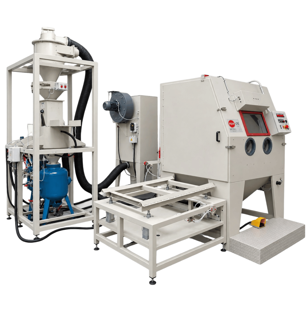 FEVI industrial sandblasting cabinet with dual abrasive tanks and external rail system with automatic lifting
