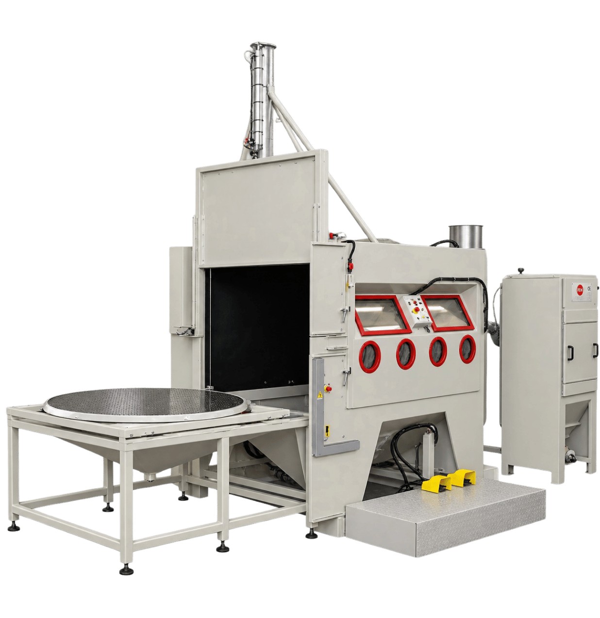 FEVI industrial sandblasting cabinet with automatic door, dual operator station and front loading table