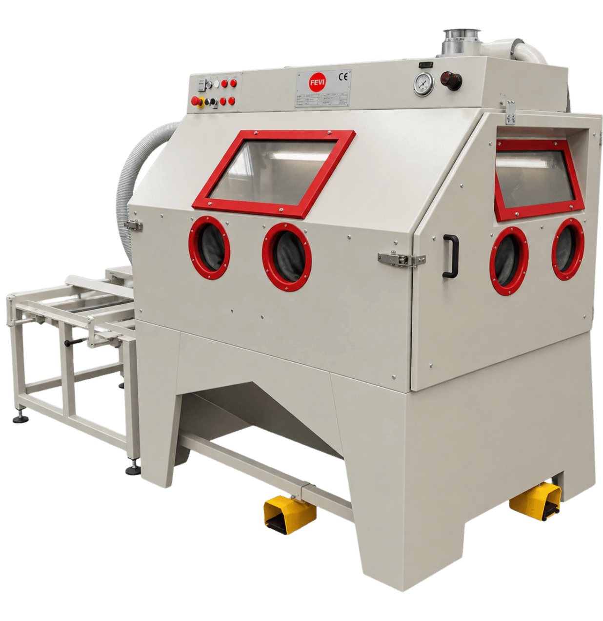 FEVI industrial sandblasting cabinet with front operator station, additional side operator station and loading trolley