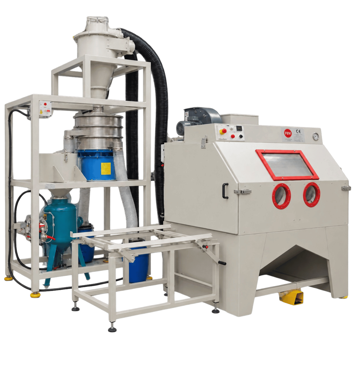 Cabina sabbiatrice industriale FEVI con vibrovaglio e sistema di selezione e recupero dell’abrasivo